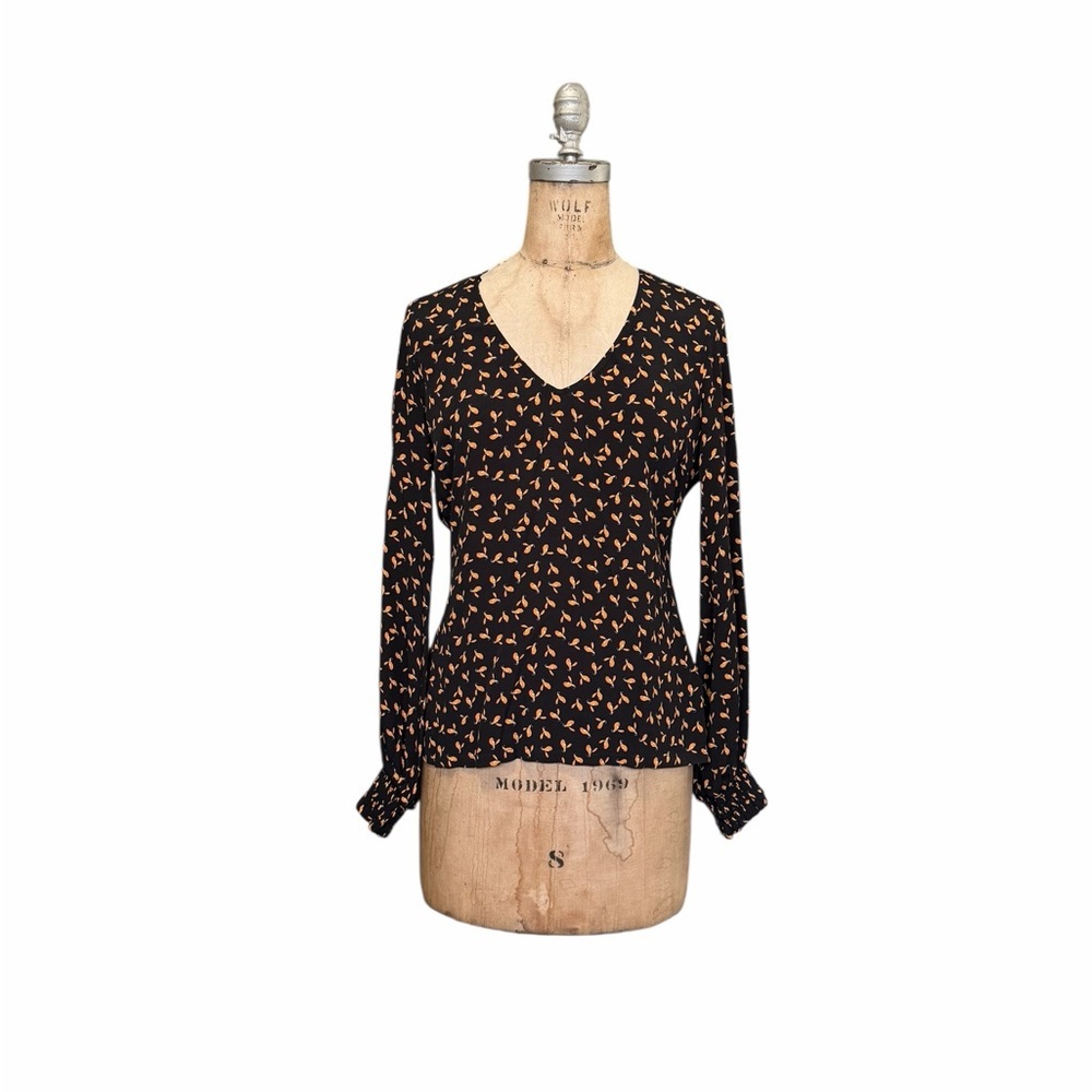 Just Female Venda Women's Black and Orange Snowberry Leaf Patterned Top XS EUC